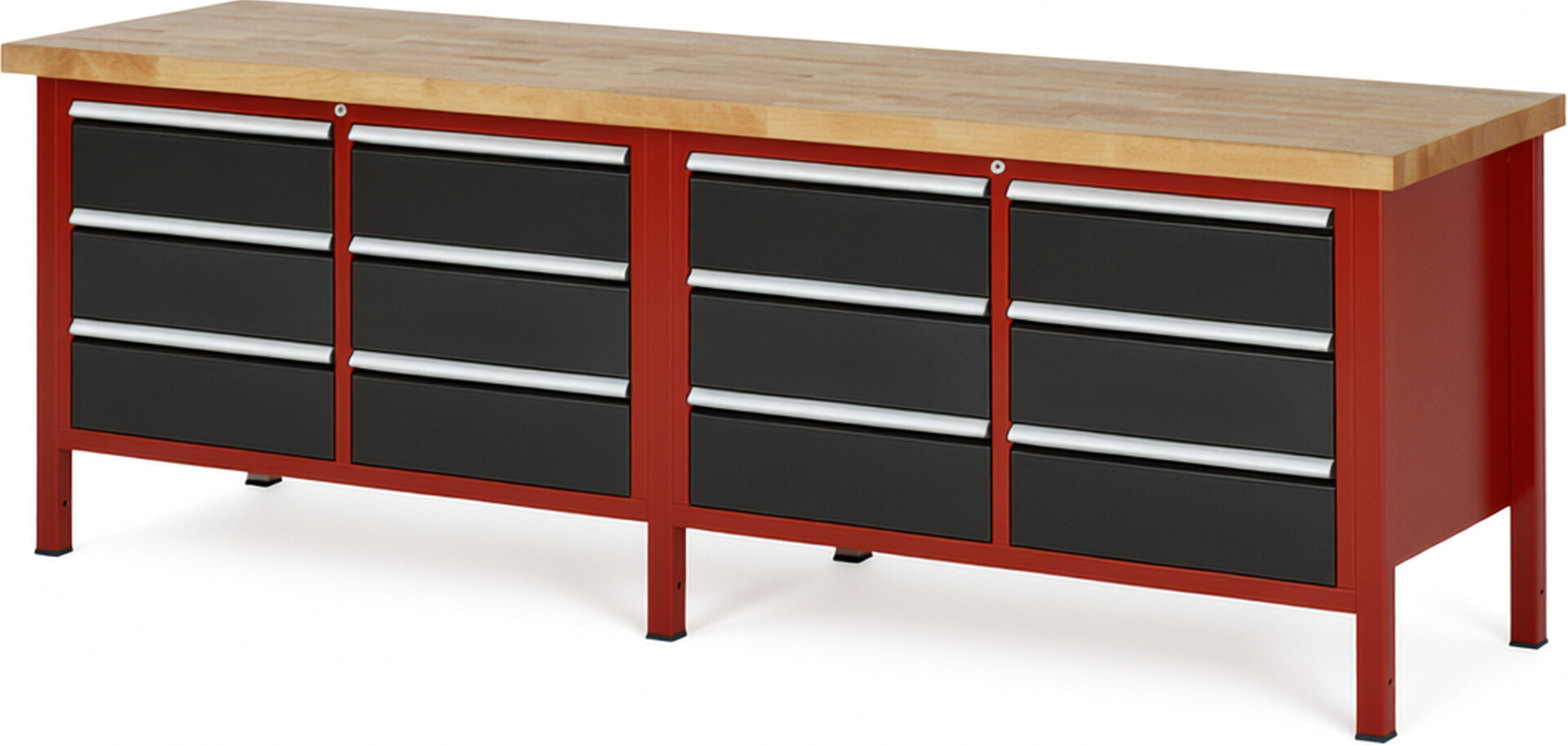 Werkbank Modell 8473 rot - schwarz, BxTxH 2500x700x840-1040 mm,  Buche-Massiv Arbeitsplatte 40 mm,  12 Schubladen mit  Vollauszug 100 % und  SoftClosing