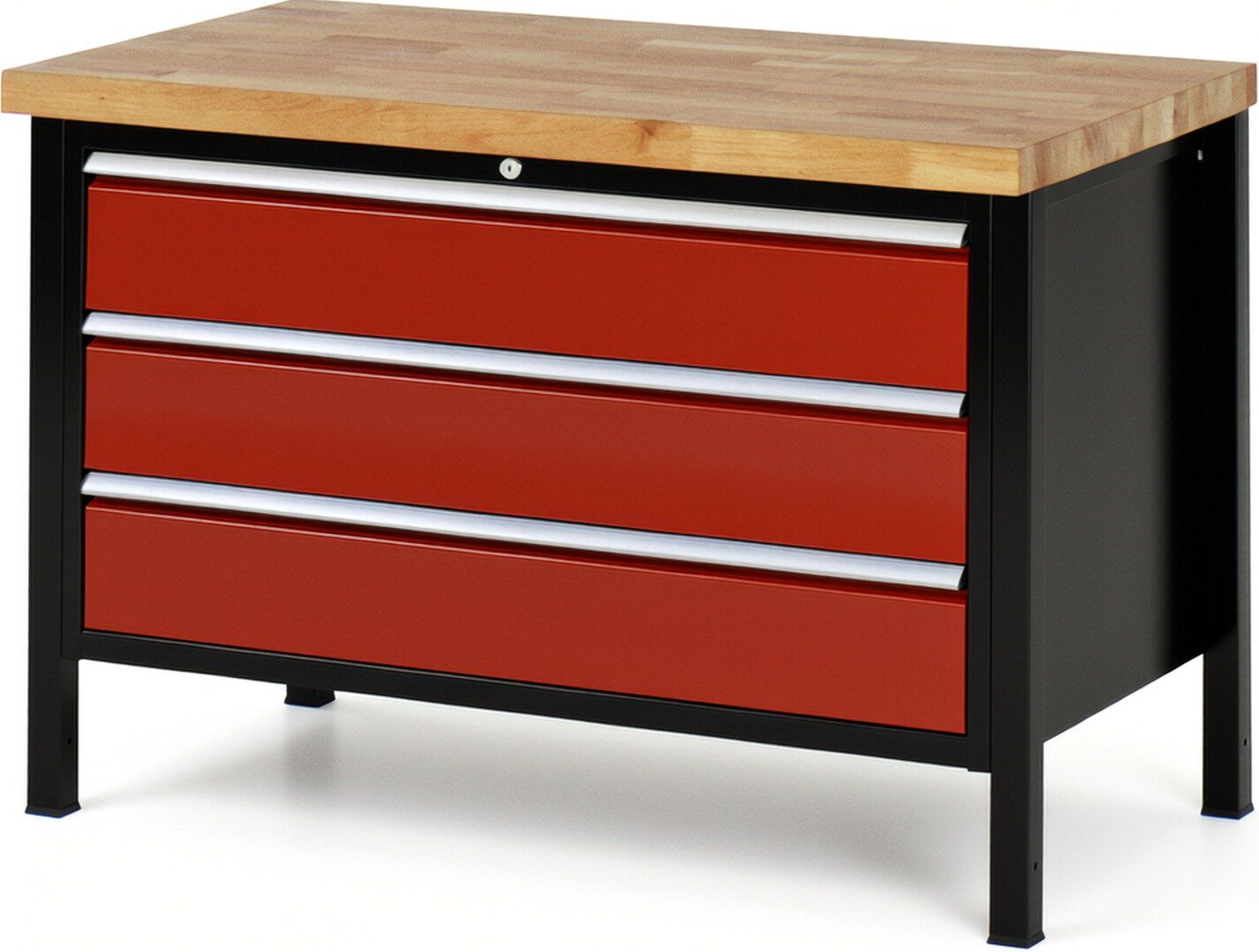RAU Werkbank schwarz - rot - Breite 125 cm - Tiefe 70 cm - Höhe 104 cm - Buche-Massiv Arbeitsplatte 40 mm