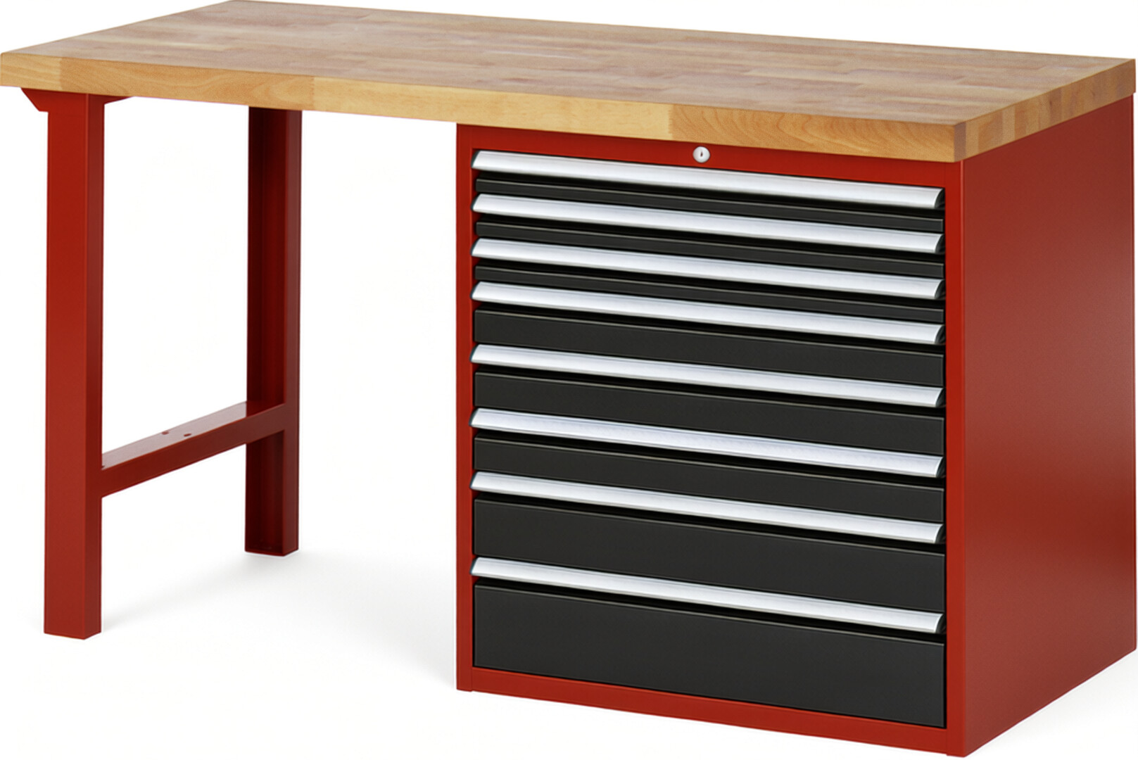 Werkbank Modell 7619 rot - schwarz, BxTxH 1500x700x890 mm,  Buche-Massiv Arbeitsplatte 40 mm,  8 Schubladen mit  Vollauszug 100 % und  SoftClosing