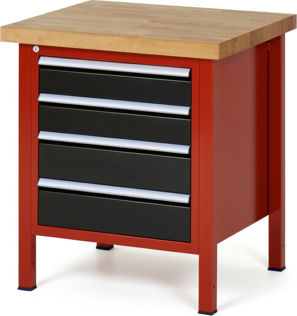 Werkbank Modell 8162 rot - schwarz, BxTxH 750x700x840-1040 mm,  Buche-Massiv Arbeitsplatte 40 mm,  4 Schubladen mit  Auszug 90 %
