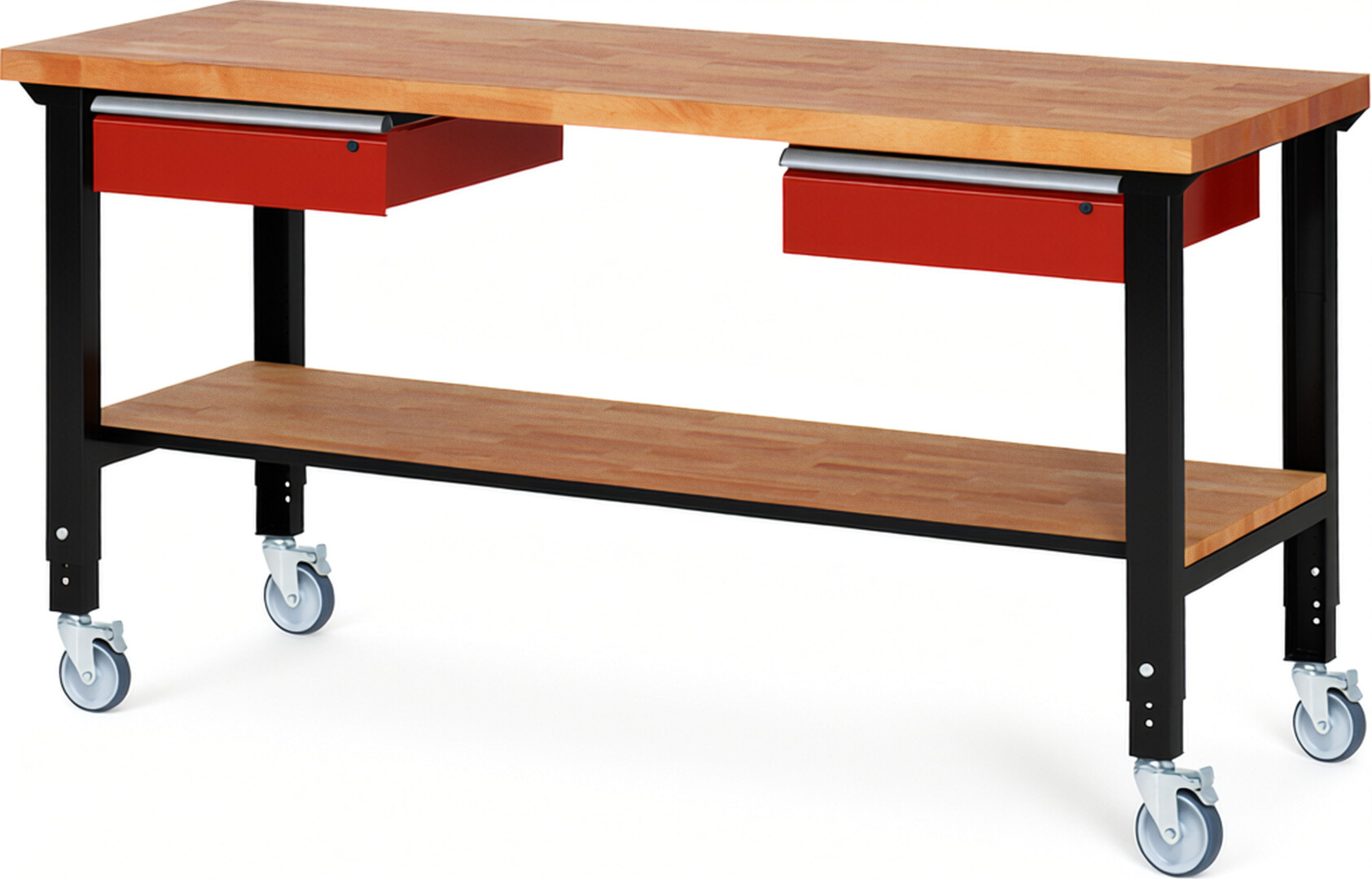 RAU Werkbank schwarz - rot - Breite 200 cm - Tiefe 70 cm - Höhe 100 cm - Buche-Massiv Arbeitsplatte 40 mm
