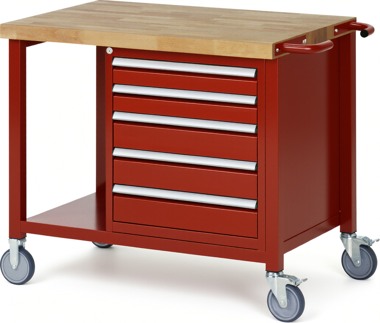 Fahrbare Werkbank Modell 8171 rot, BxTxH 1000x700x880 mm,  Buche-Massiv Arbeitsplatte 40 mm,  5 Schubladen mit  Auszug 90 %