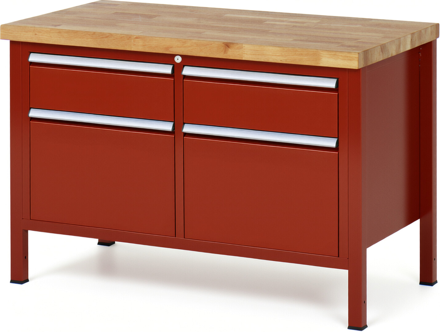 Werkbank Modell 8471 rot, BxTxH 1250x700x840 mm,  Buche-Massiv Arbeitsplatte 40 mm,  4 Schubladen mit  Auszug 90 %