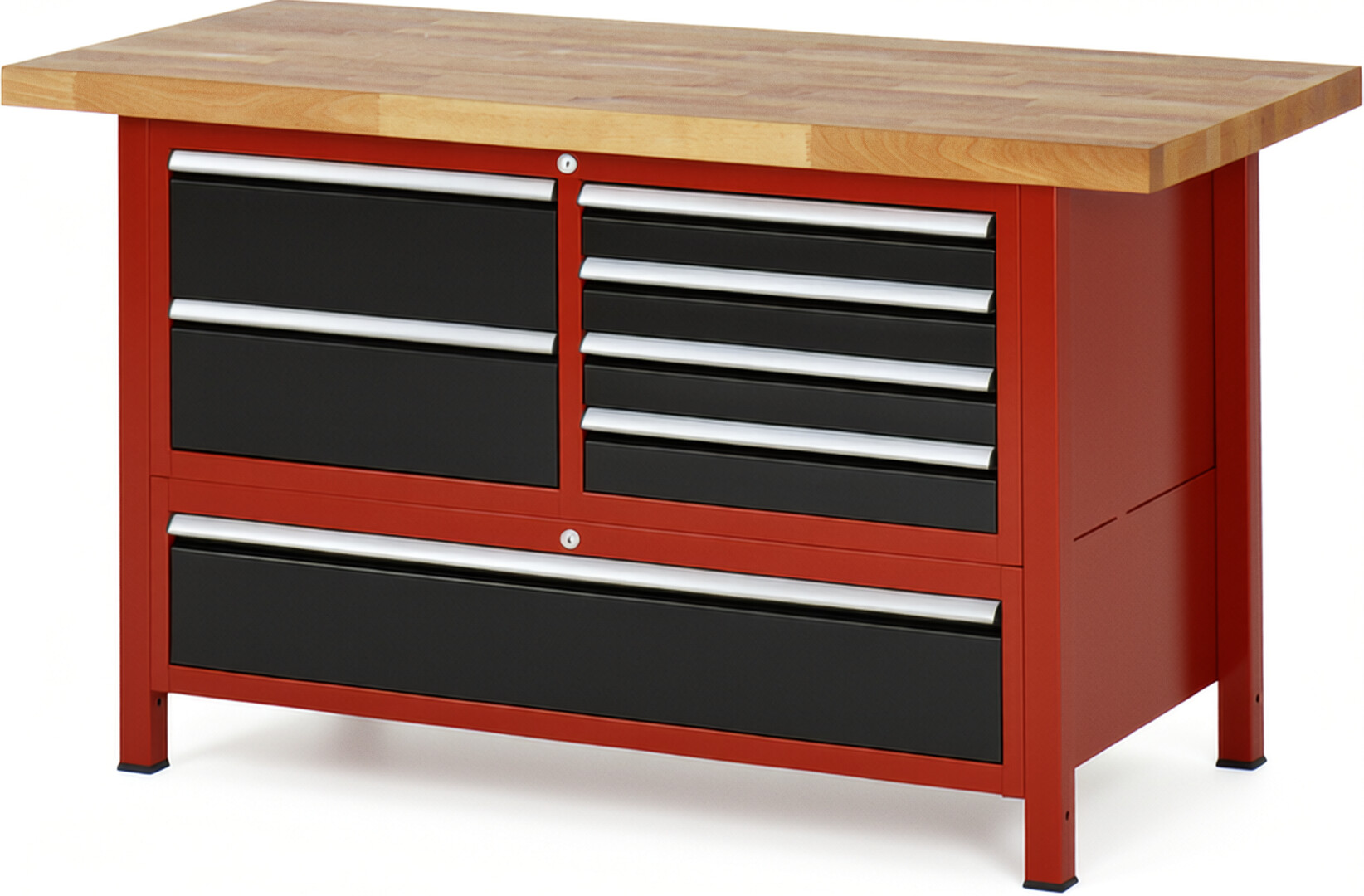 Werkbank Modell 8931 rot - schwarz, BxTxH 1500x700x840-1040 mm,  Buche-Massiv Arbeitsplatte 40 mm,  7 Schubladen mit  Auszug 90 %