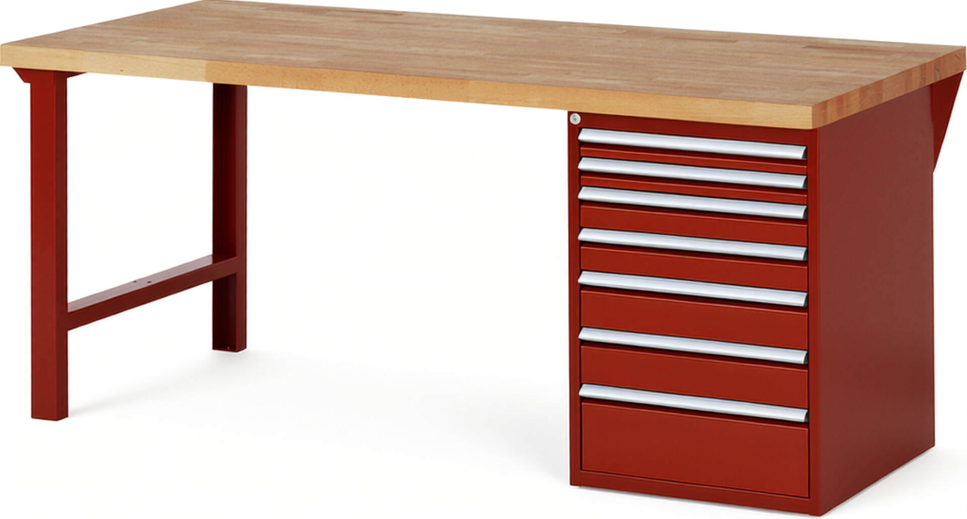 Werkbank Modell 7517 rot, BxTxH 2000x900x890 mm,  Buche-Massiv Arbeitsplatte 40 mm,  7 Schubladen mit  Auszug 90 %