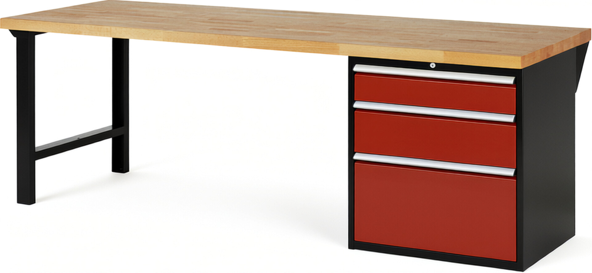 RAU Werkbank schwarz - rot - Breite 250 cm - Tiefe 90 cm - Höhe 89 cm - Buche-Massiv Arbeitsplatte 40 mm