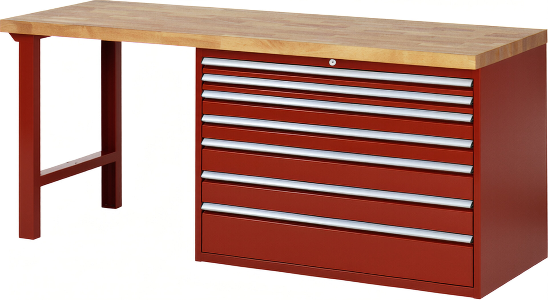 Werkbank Modell 7717 rot, BxTxH 2000x700x890 mm,  Buche-Massiv Arbeitsplatte 40 mm,  7 Schubladen mit  Auszug 90 %