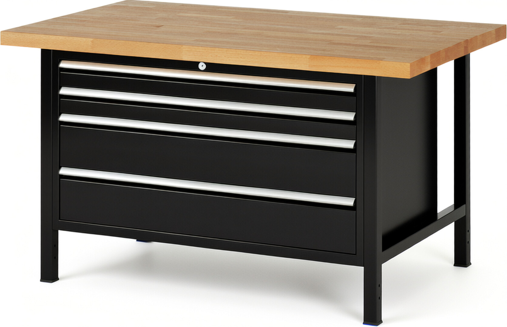 Werkbank Modell 8361 schwarz, BxTxH 1500x900x840 mm,  Buche-Massiv Arbeitsplatte 40 mm,  4 Schubladen mit  Auszug 90 %