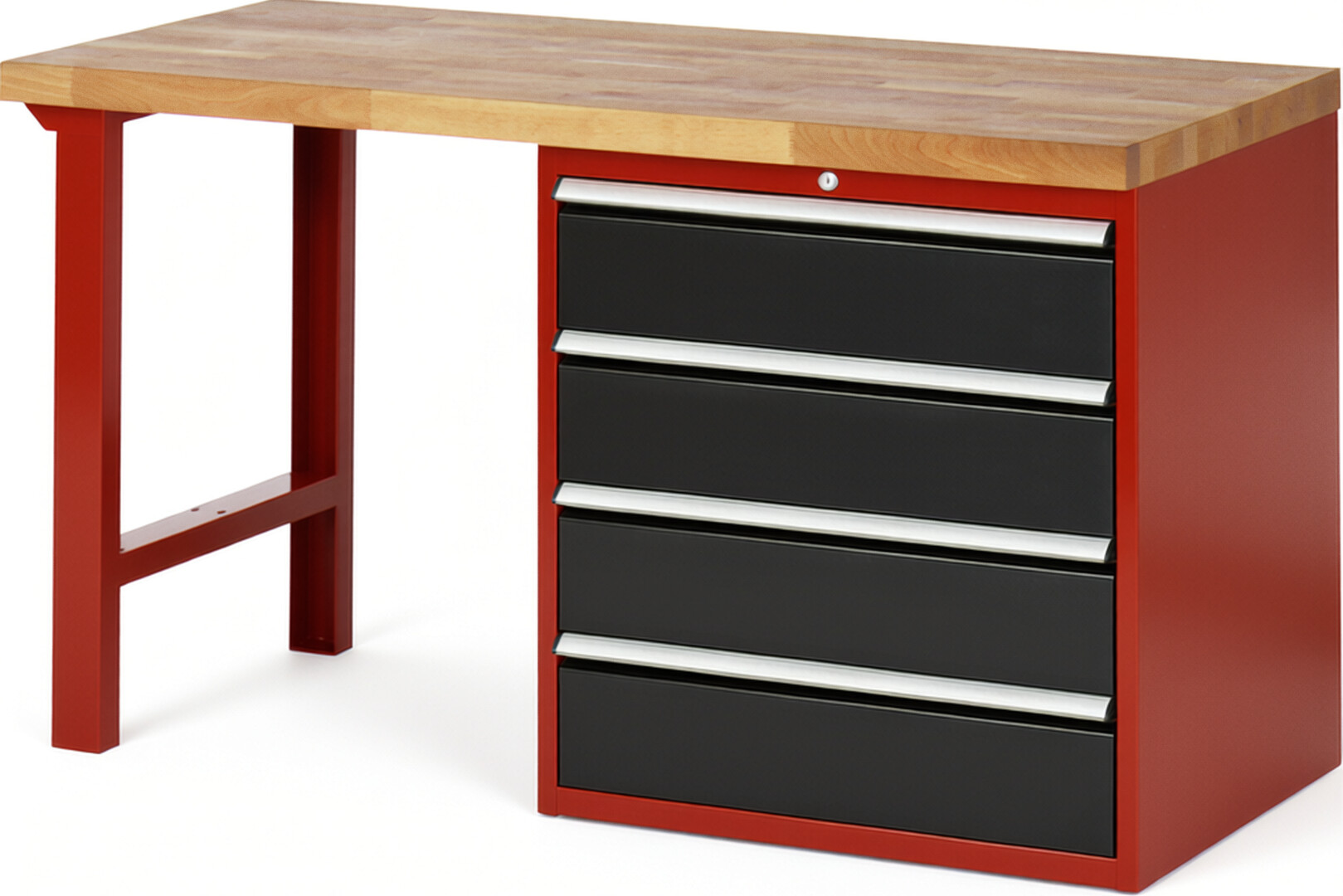 Werkbank Modell 7609 rot - schwarz, BxTxH 1500x700x890 mm,  Buche-Massiv Arbeitsplatte 40 mm,  4 Schubladen mit  Auszug 90 %