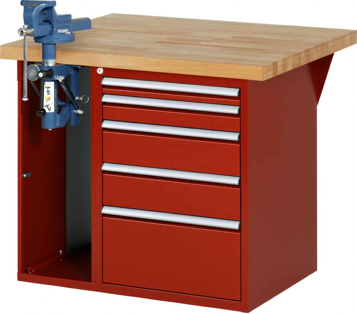 Werkbank Modell 7511 rot, BxTxH 1000x900x890 mm,  Buche-Massiv Arbeitsplatte 40 mm,  5 Schubladen mit  Auszug 90 %