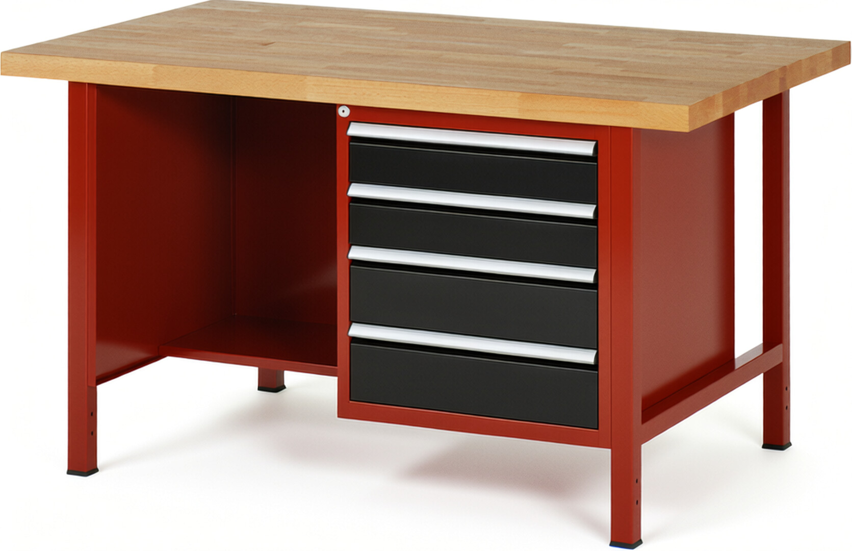 Werkbank Modell 8453 rot - schwarz, BxTxH 1500x900x840 mm,  Buche-Massiv Arbeitsplatte 40 mm,  4 Schubladen mit  Auszug 90 %