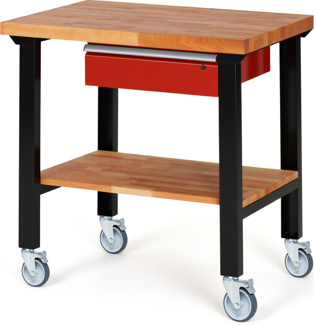 RAU Werkbank schwarz - rot - Breite 100 cm - Tiefe 70 cm - Höhe 100 cm - Buche-Massiv Arbeitsplatte 40 mm