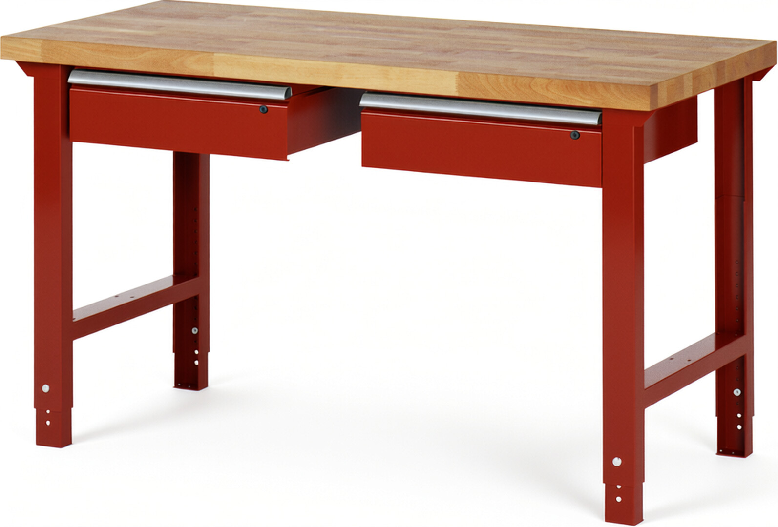 Werkbank Modell 7002 rot, BxTxH 1500x700x790-1140 mm,  Buche-Massiv Arbeitsplatte 40 mm,  2 Schubladen mit  Auszug 90 %