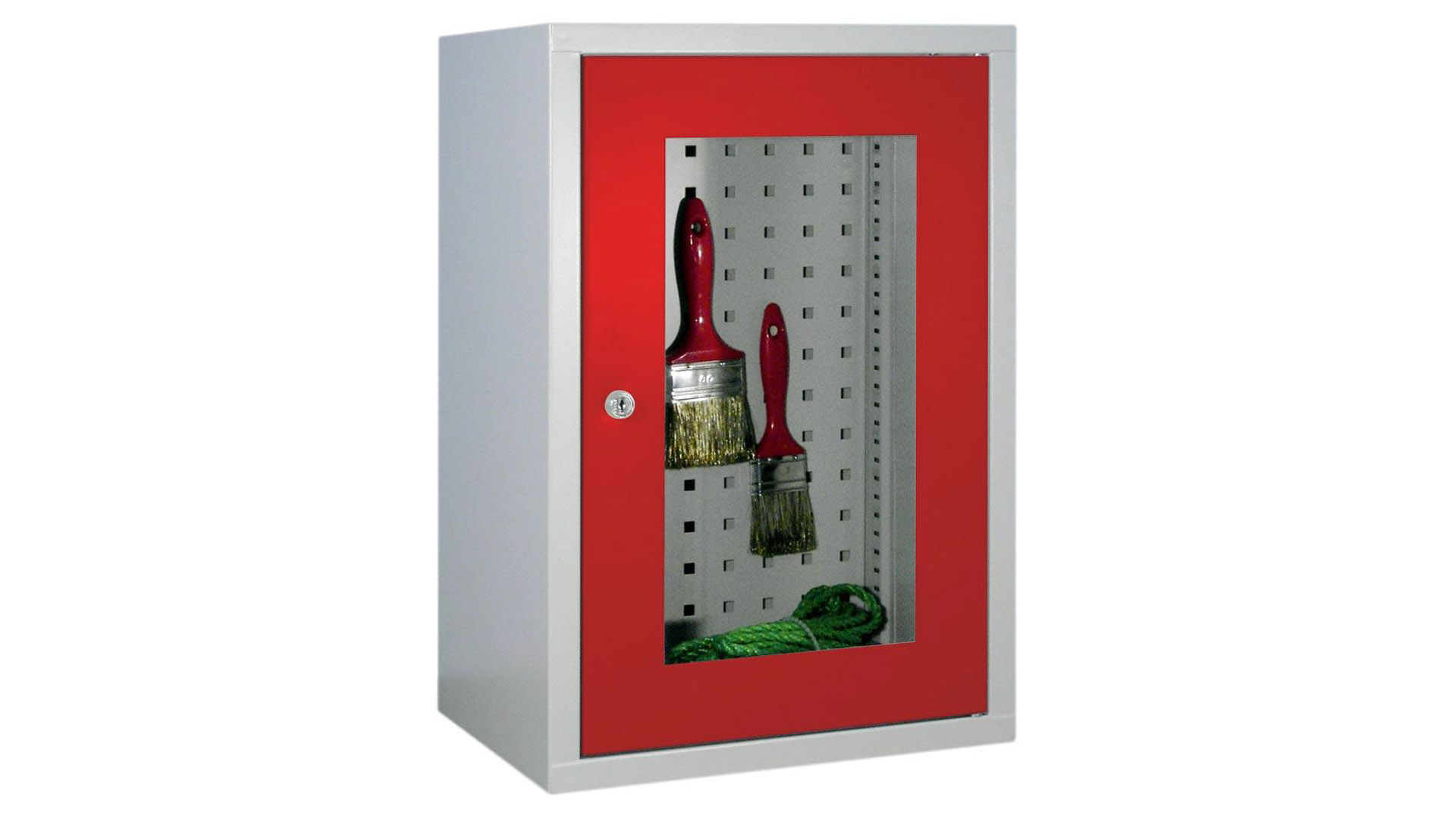 Hängeschrank aus Stahl - 1 Sichtfenstertür - Rückwand gelocht - 600x400x300 mm (HxBxT) - lichtgrau/feuerrot