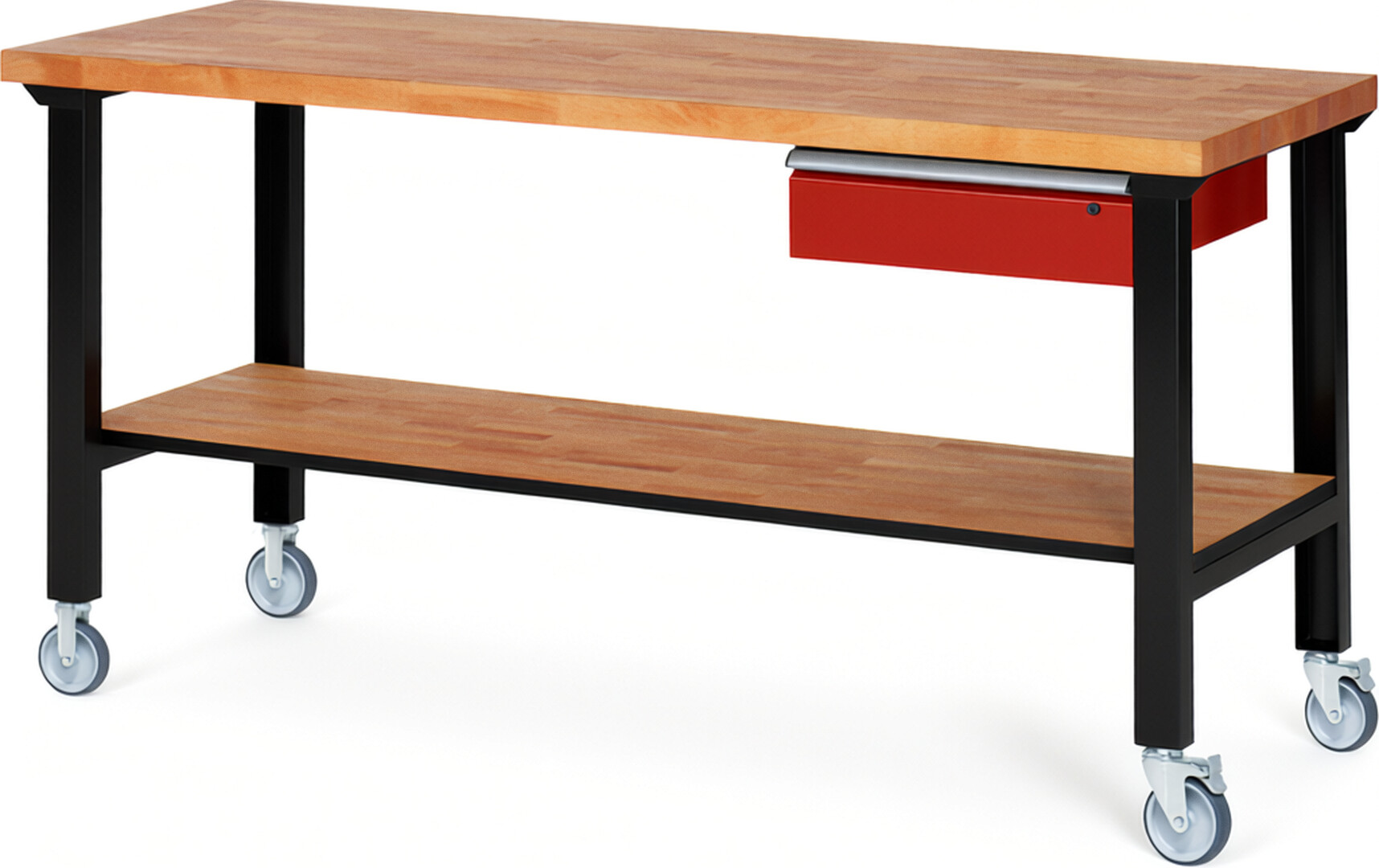 RAU Werkbank schwarz - rot - Breite 200 cm - Tiefe 70 cm - Höhe 100 cm - Buche-Massiv Arbeitsplatte 40 mm