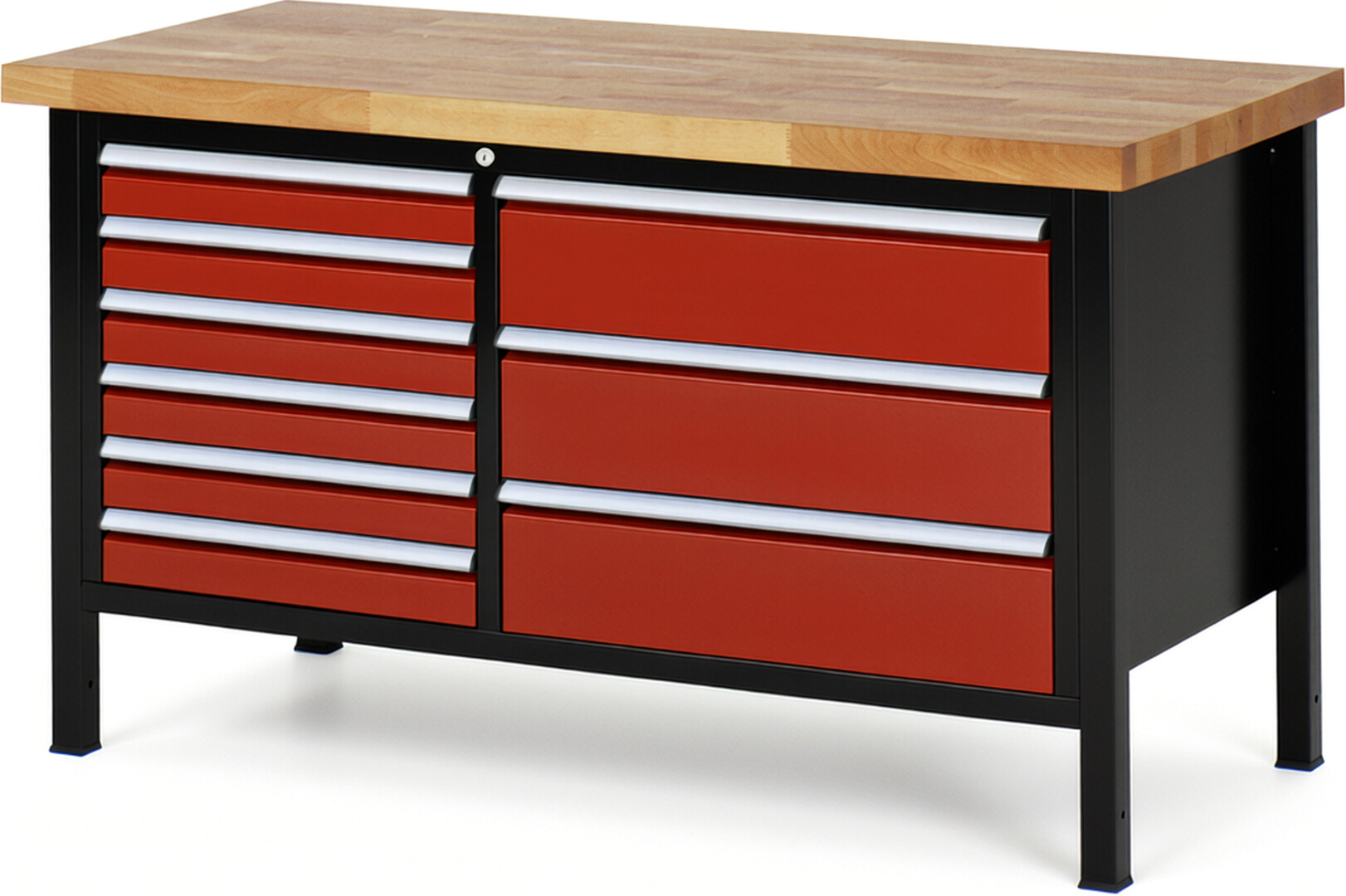 RAU Werkbank schwarz - rot - Breite 150 cm - Tiefe 70 cm - Höhe 104 cm - Buche-Massiv Arbeitsplatte 40 mm