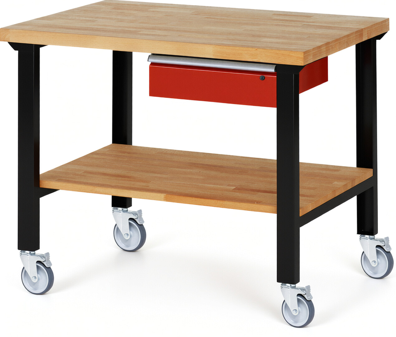 RAU Werkbank schwarz - rot - Breite 125 cm - Tiefe 90 cm - Höhe 100 cm - Buche-Massiv Arbeitsplatte 40 mm