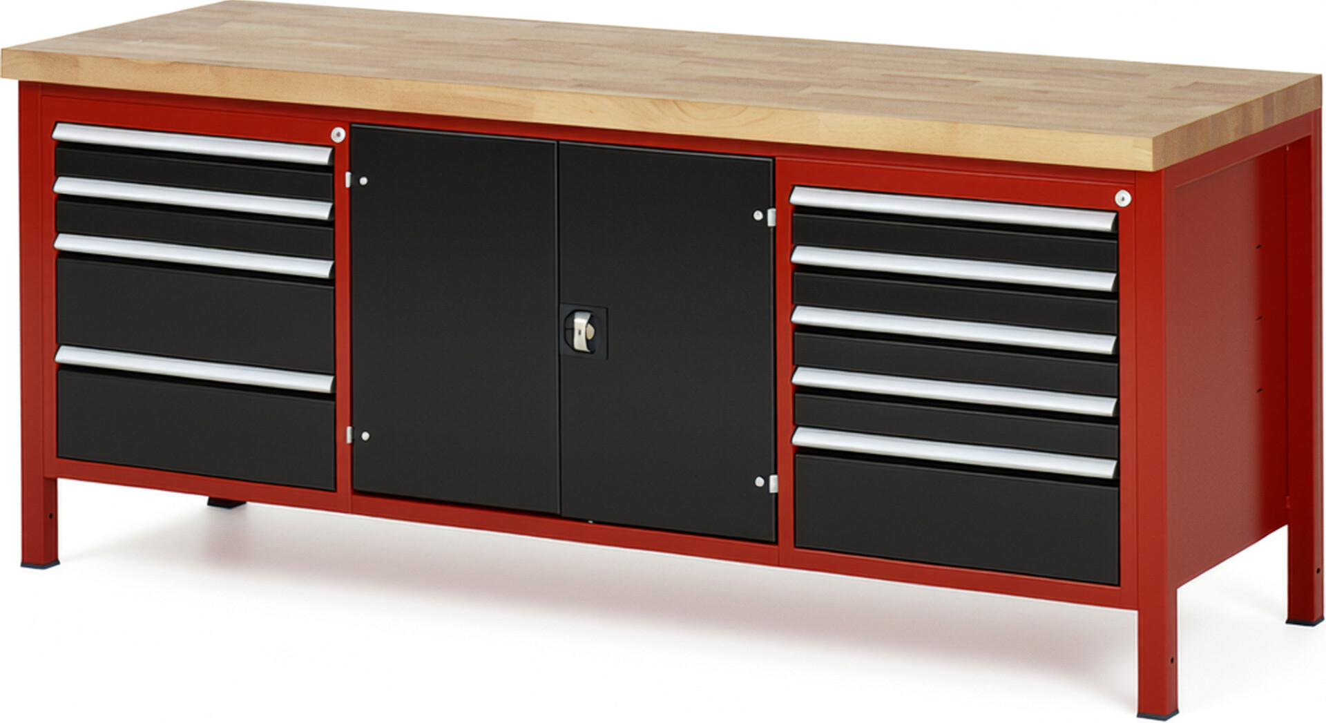Werkbank Modell 8908 rot - schwarz, BxTxH 2000x700x840-1040 mm,  Buche-Massiv Arbeitsplatte 40 mm,  9 Schubladen mit  Auszug 90 %