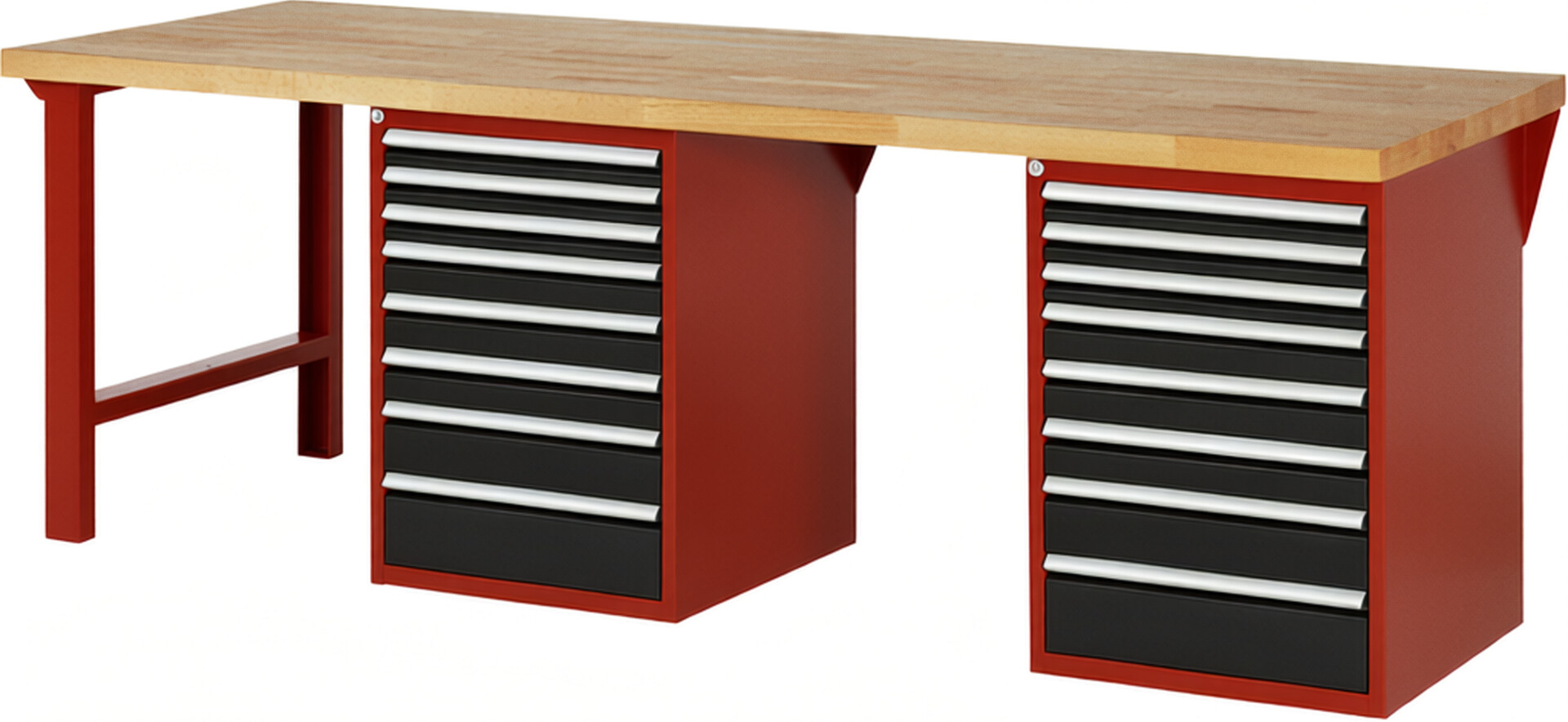 Werkbank Modell 7519 rot - schwarz, BxTxH 2500x900x890 mm,  Buche-Massiv Arbeitsplatte 40 mm,  16 Schubladen mit  Vollauszug 100 % und  SoftClosing