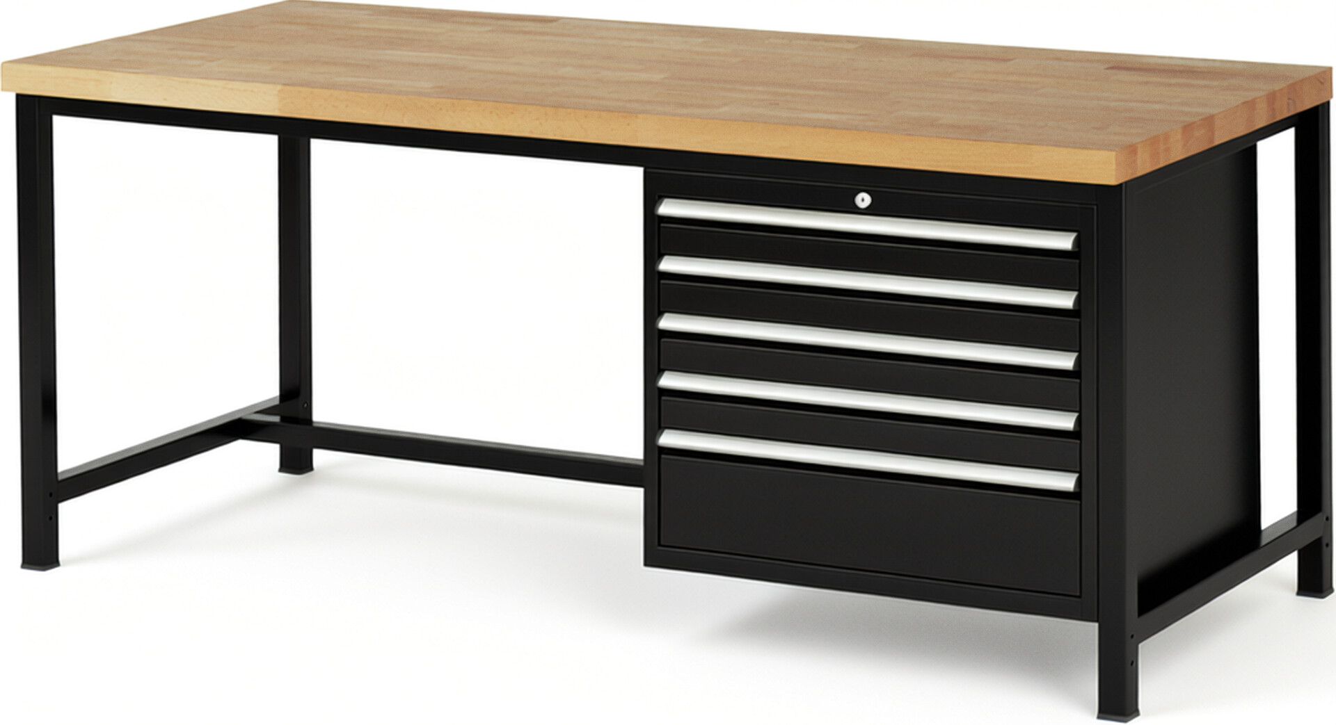 Werkbank Modell 8268 schwarz, BxTxH 2000x900x840 mm,  Buche-Massiv Arbeitsplatte 40 mm,  5 Schubladen mit  Vollauszug 100 % und  SoftClosing