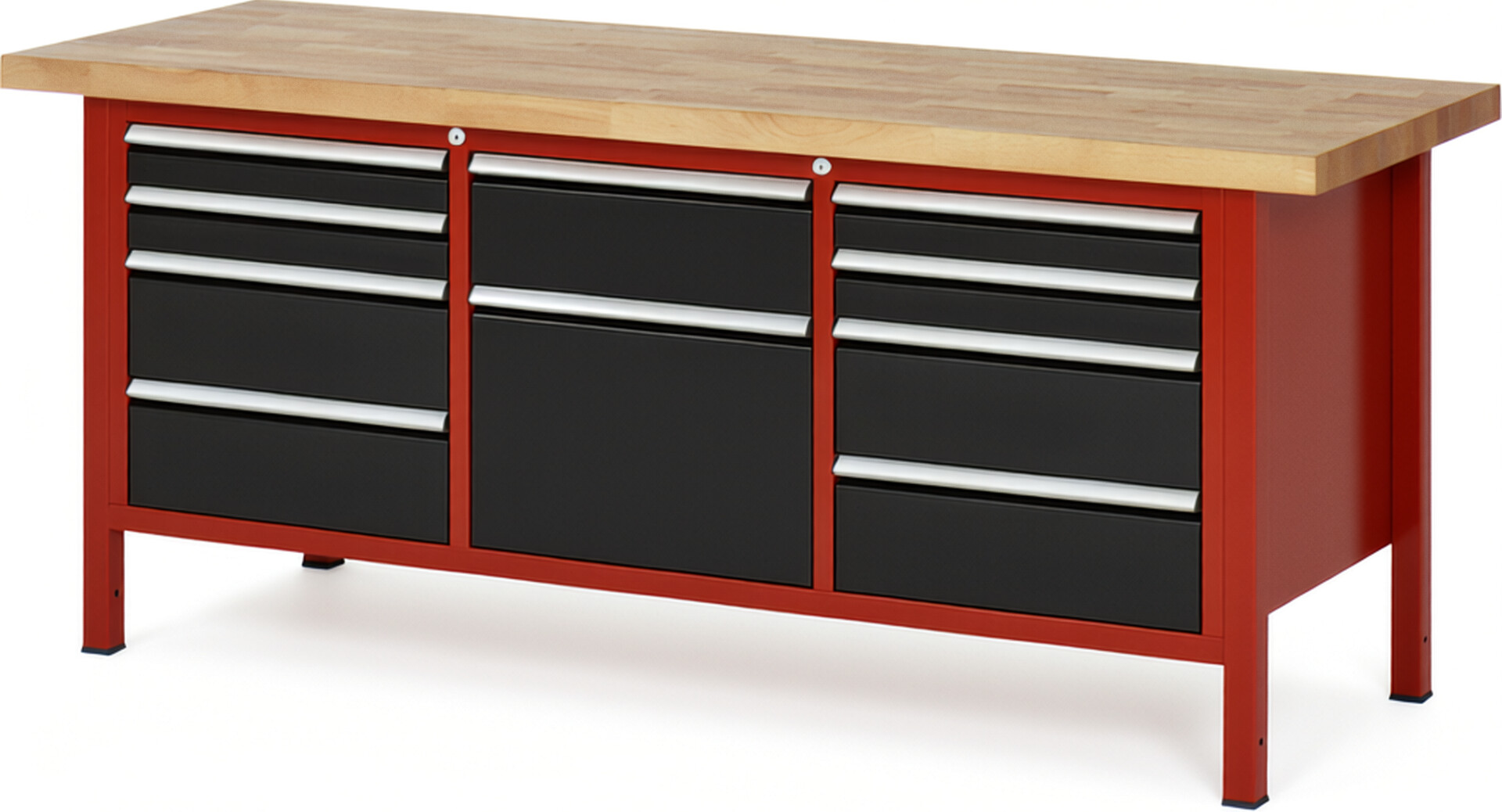 Werkbank Modell 8575 rot - schwarz, BxTxH 2000x700x840 mm,  Buche-Massiv Arbeitsplatte 40 mm,  10 Schubladen mit  Vollauszug 100 % und  SoftClosing