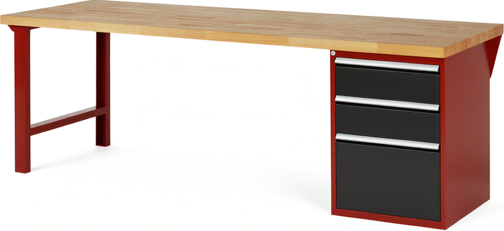 Werkbank Modell 7507 rot - schwarz, BxTxH 2500x900x890 mm,  Buche-Massiv Arbeitsplatte 40 mm,  3 Schubladen mit  Auszug 90 %