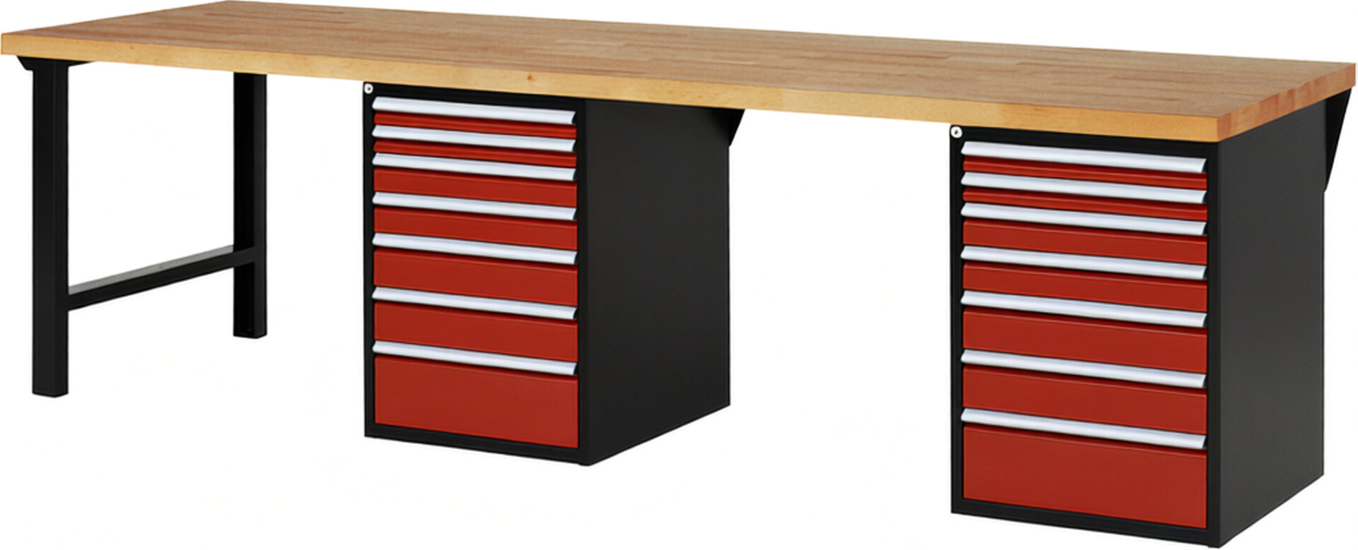 RAU Werkbank schwarz - rot - Breite 300 cm - Tiefe 90 cm - Höhe 89 cm - Buche-Massiv Arbeitsplatte 40 mm