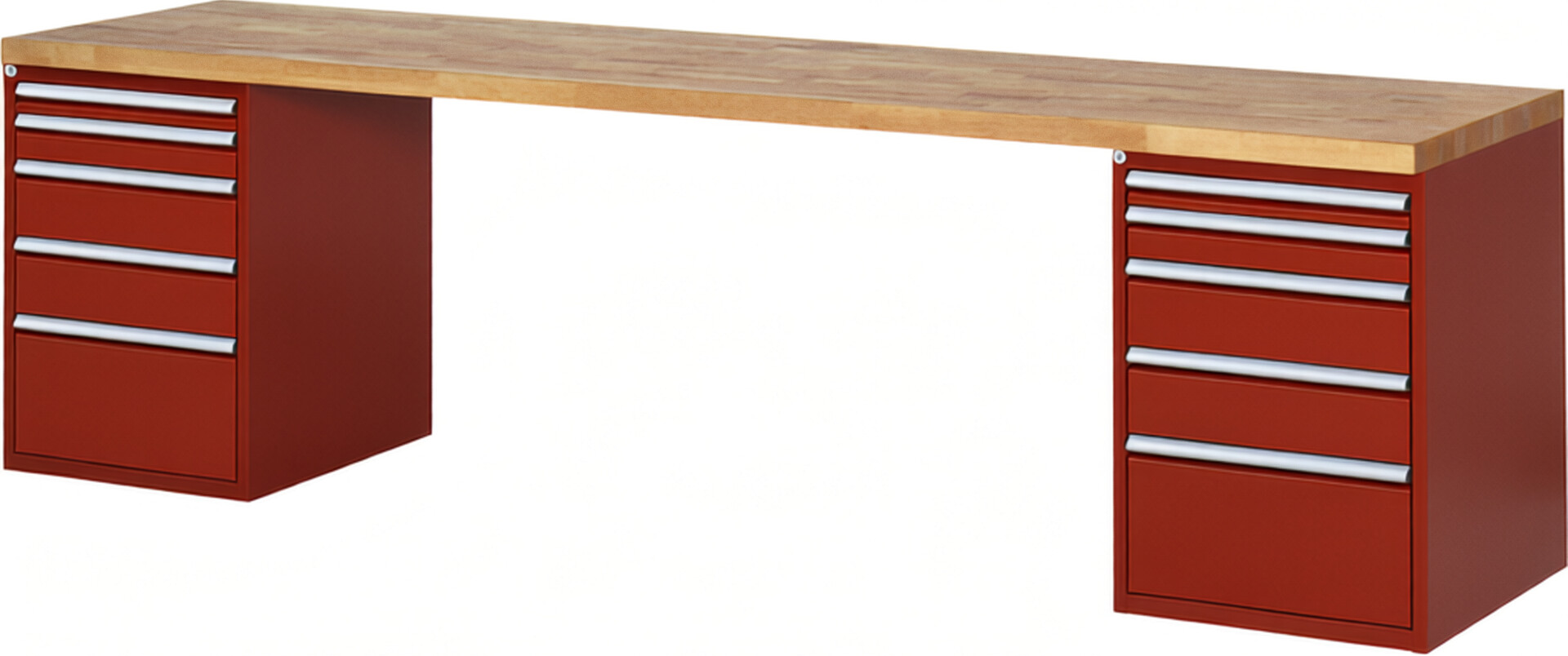 Werkbank Modell 7511 rot, BxTxH 3000x700x840 mm,  Buche-Massiv Arbeitsplatte 40 mm,  10 Schubladen mit  Auszug 90 %