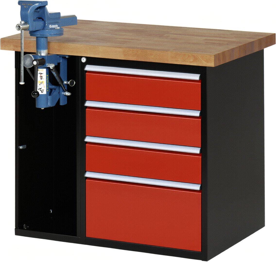 RAU Werkbank schwarz - rot - Breite 100 cm - Tiefe 70 cm - Höhe 89 cm - Buche-Massiv Arbeitsplatte 40 mm