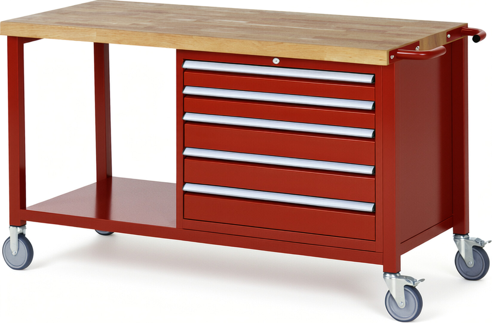 Fahrbare Werkbank Modell 8271 rot, BxTxH 1500x700x880-1080 mm,  Buche-Massiv Arbeitsplatte 40 mm,  5 Schubladen mit  Auszug 90 %
