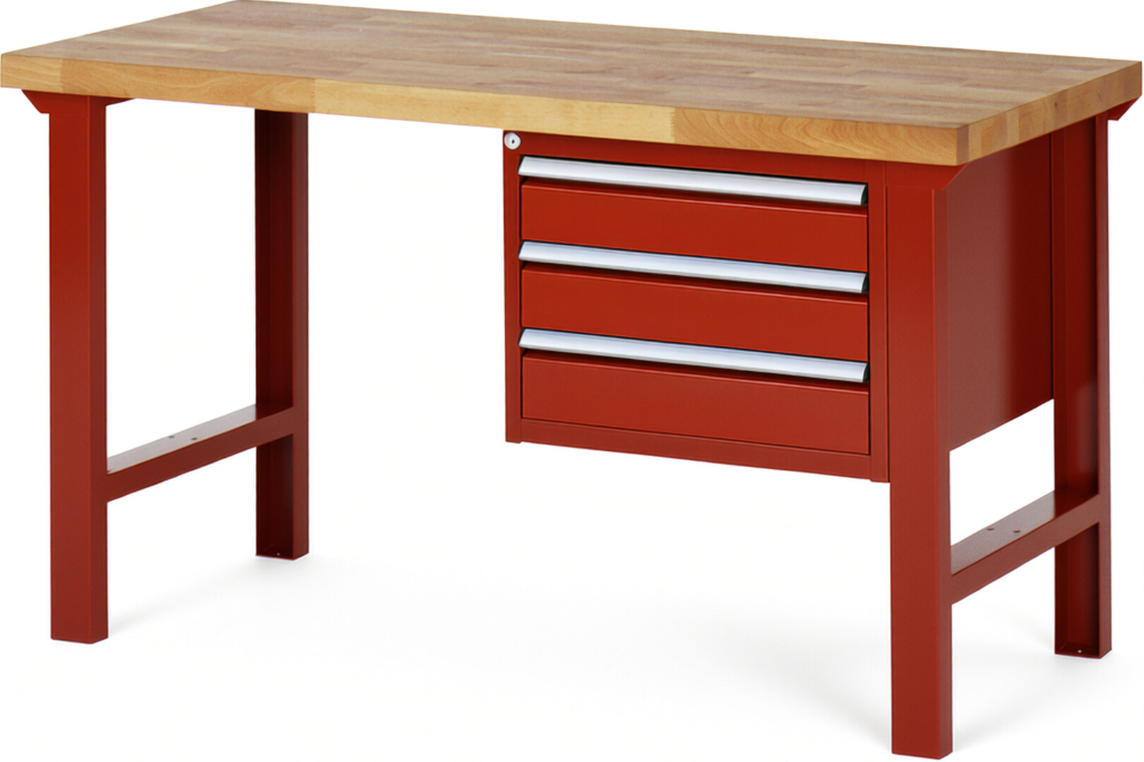 Werkbank Modell 7127 rot, BxTxH 1500x700x840 mm,  Buche-Massiv Arbeitsplatte 40 mm,  3 Schubladen mit  Auszug 90 %