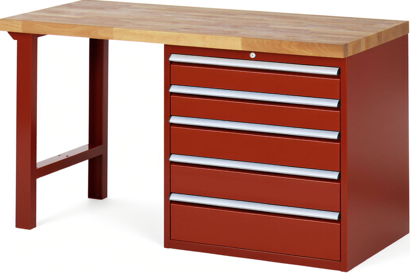 Werkbank Modell 7613 rot, BxTxH 1500x700x890 mm,  Buche-Massiv Arbeitsplatte 40 mm,  5 Schubladen mit  Auszug 90 %