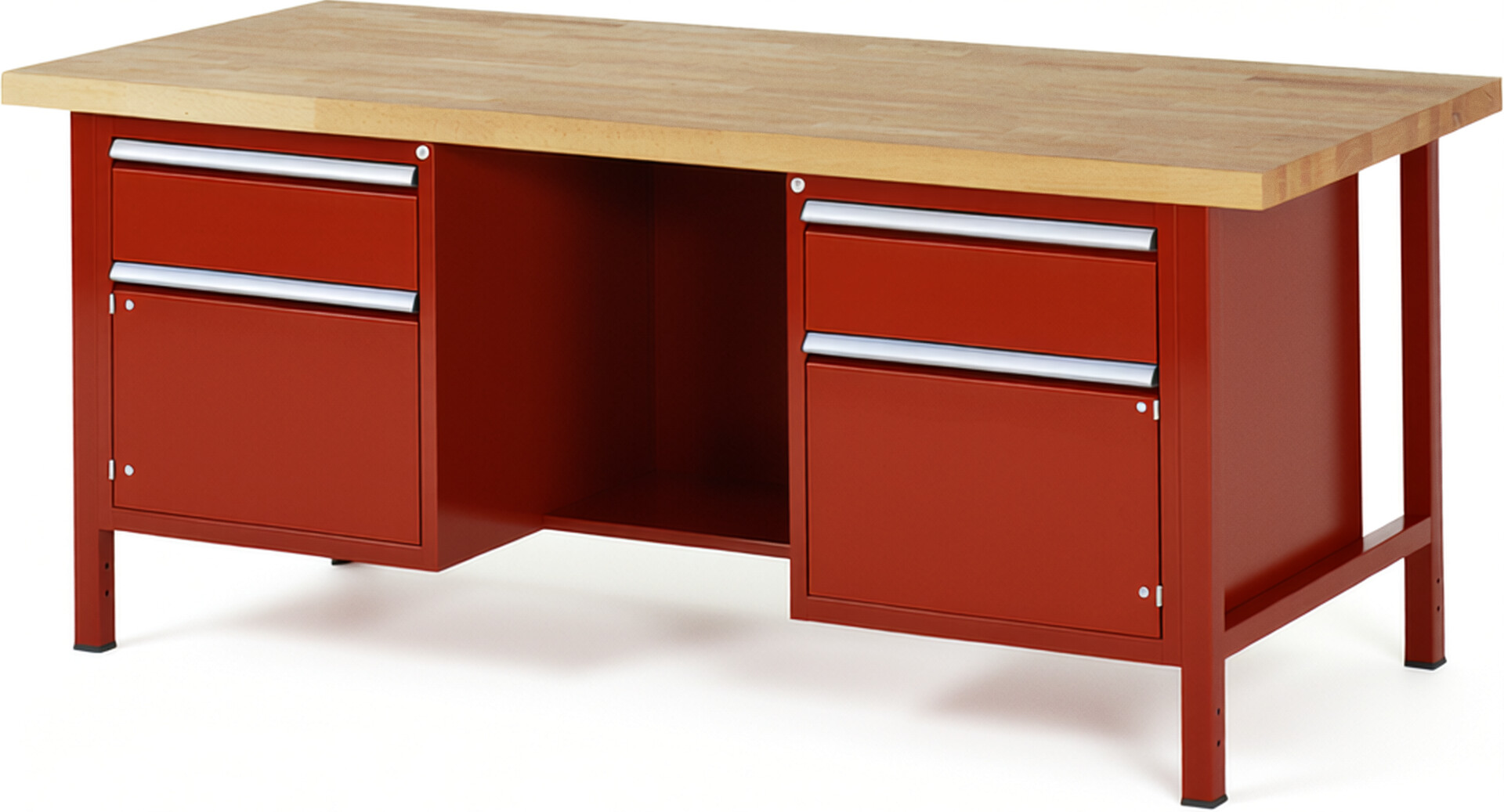 Werkbank Modell 8551 rot, BxTxH 2000x900x840-1040 mm,  Buche-Massiv Arbeitsplatte 40 mm,  2 Schubladen mit  Vollauszug 100 % und  SoftClosing