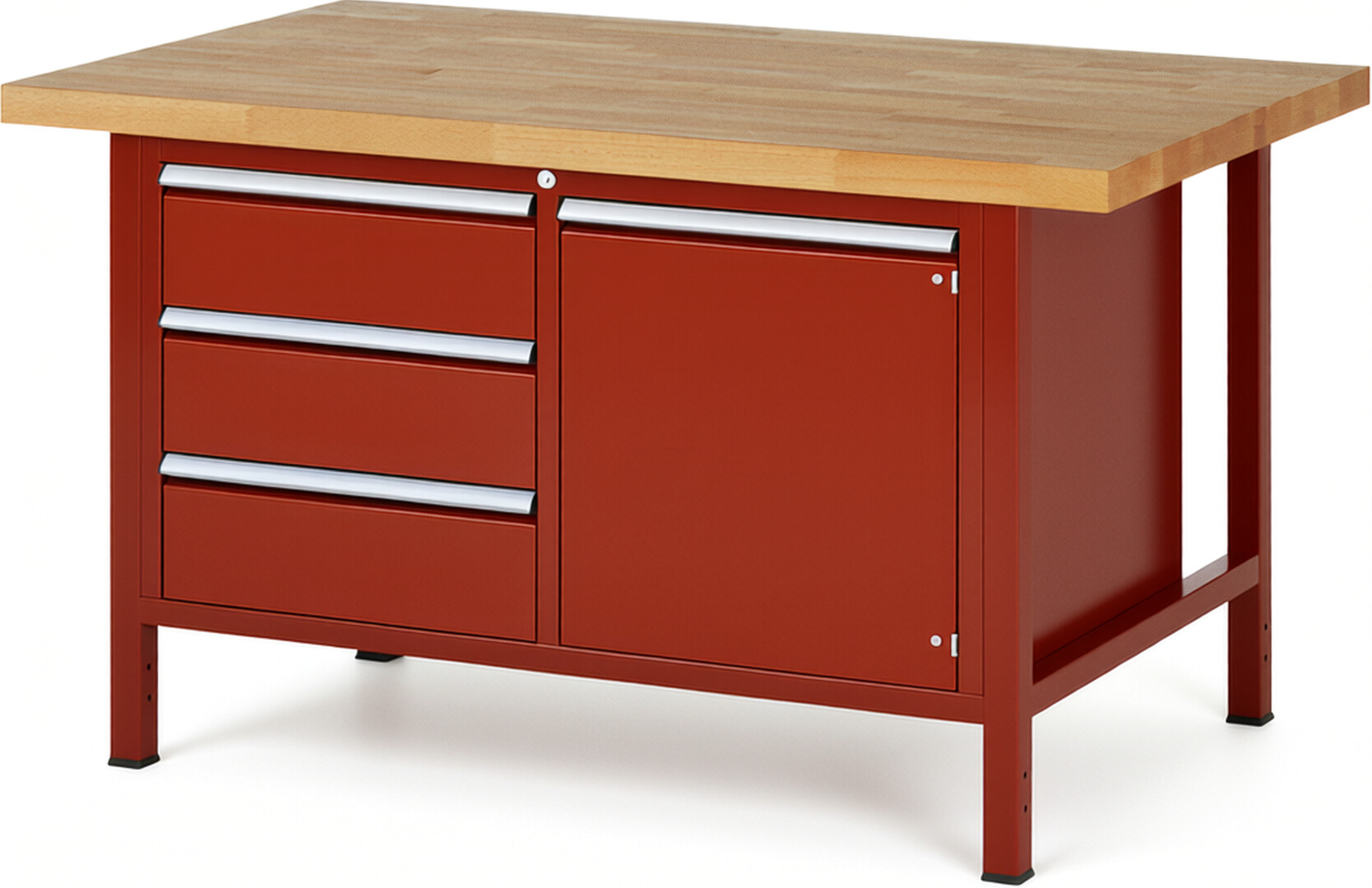 Werkbank Modell 8468 rot, BxTxH 1500x900x840-1040 mm,  Buche-Massiv Arbeitsplatte 40 mm,  3 Schubladen mit  Auszug 90 %