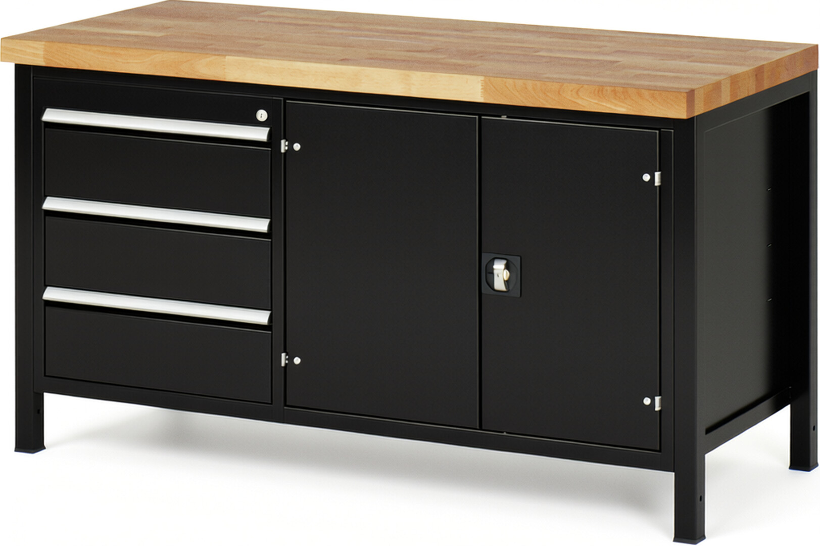 Werkbank Modell 8904 schwarz, BxTxH 1500x700x840 mm,  Buche-Massiv Arbeitsplatte 40 mm,  3 Schubladen mit  Vollauszug 100 % und  SoftClosing