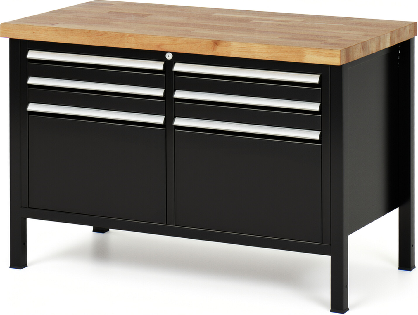 Werkbank Modell 8474 schwarz, BxTxH 1250x700x840 mm,  Buche-Massiv Arbeitsplatte 40 mm,  6 Schubladen mit  Vollauszug 100 % und  SoftClosing
