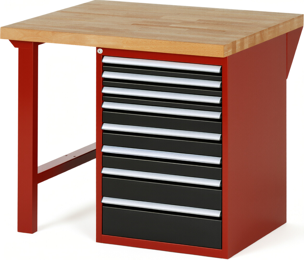 Werkbank Modell 7519 rot - schwarz, BxTxH 1000x900x890 mm,  Buche-Massiv Arbeitsplatte 40 mm,  8 Schubladen mit  Vollauszug 100 % und  SoftClosing