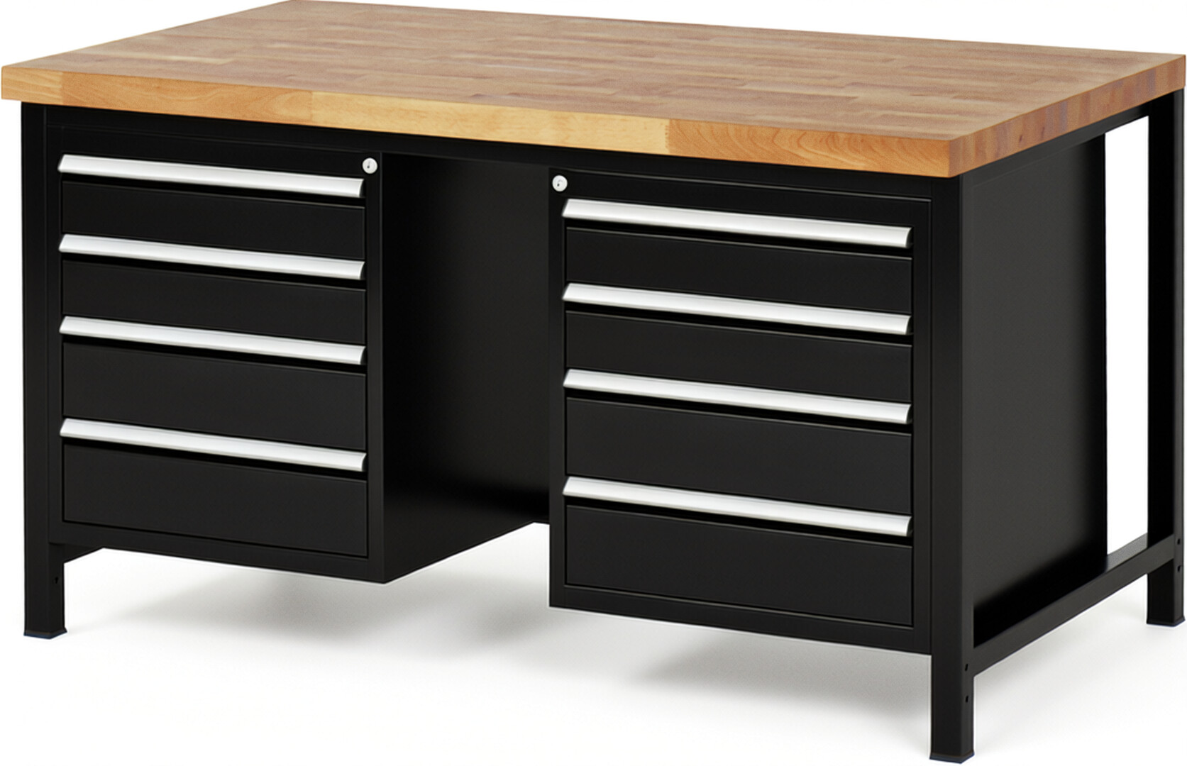 Werkbank Modell 8181 schwarz, BxTxH 1500x900x840-1040 mm,  Buche-Massiv Arbeitsplatte 40 mm,  8 Schubladen mit  Auszug 90 %