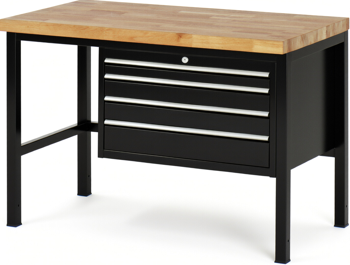Werkbank Modell 8232 schwarz, BxTxH 1250x700x840-1040 mm,  Buche-Massiv Arbeitsplatte 40 mm,  4 Schubladen mit  Vollauszug 100 % und  SoftClosing
