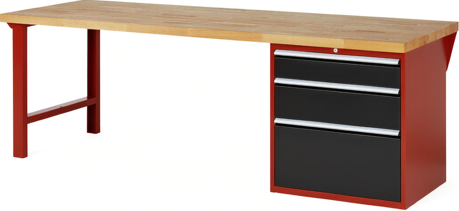 Werkbank Modell 7608 rot - schwarz, BxTxH 2500x900x840 mm,  Buche-Massiv Arbeitsplatte 40 mm,  3 Schubladen mit  Auszug 90 %