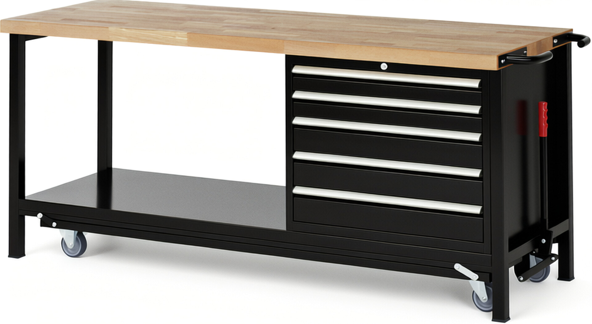 Absenkbare Werkbank Modell 8271 schwarz, BxTxH 2000x700x880 mm,  Buche-Massiv Arbeitsplatte 40 mm,  5 Schubladen mit  Vollauszug 100 % und  SoftClosing