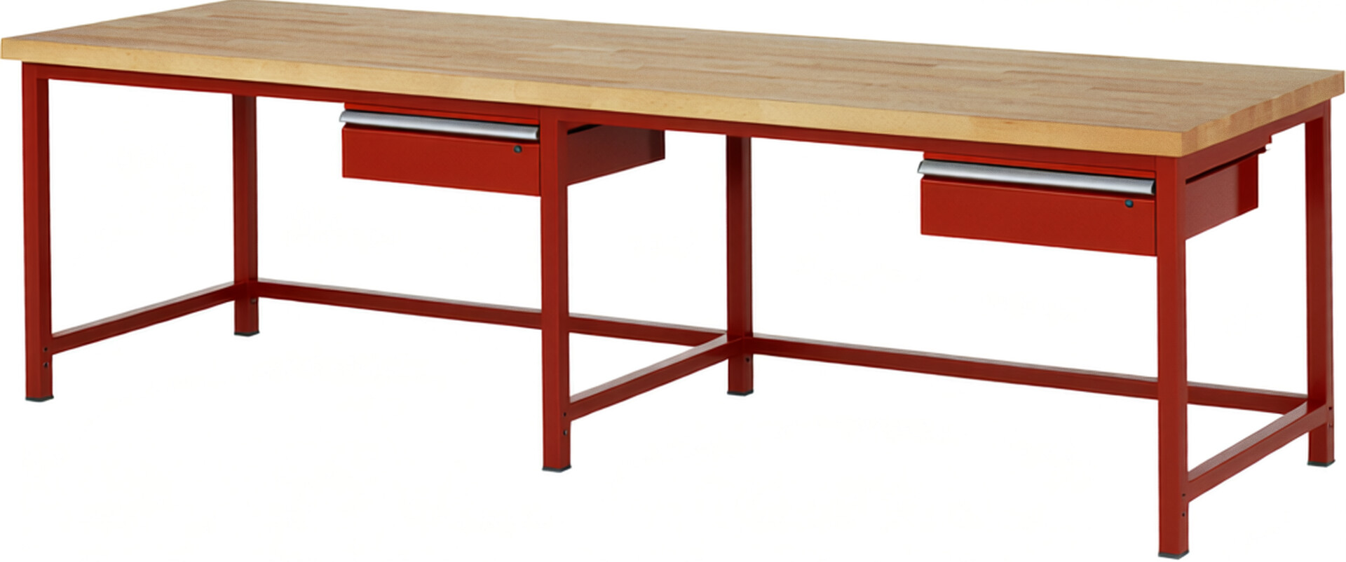 Werkbank Modell 8001 rot, BxTxH 3000x900x840 mm,  Buche-Massiv Arbeitsplatte 40 mm,  2 Schubladen mit  Auszug 90 %