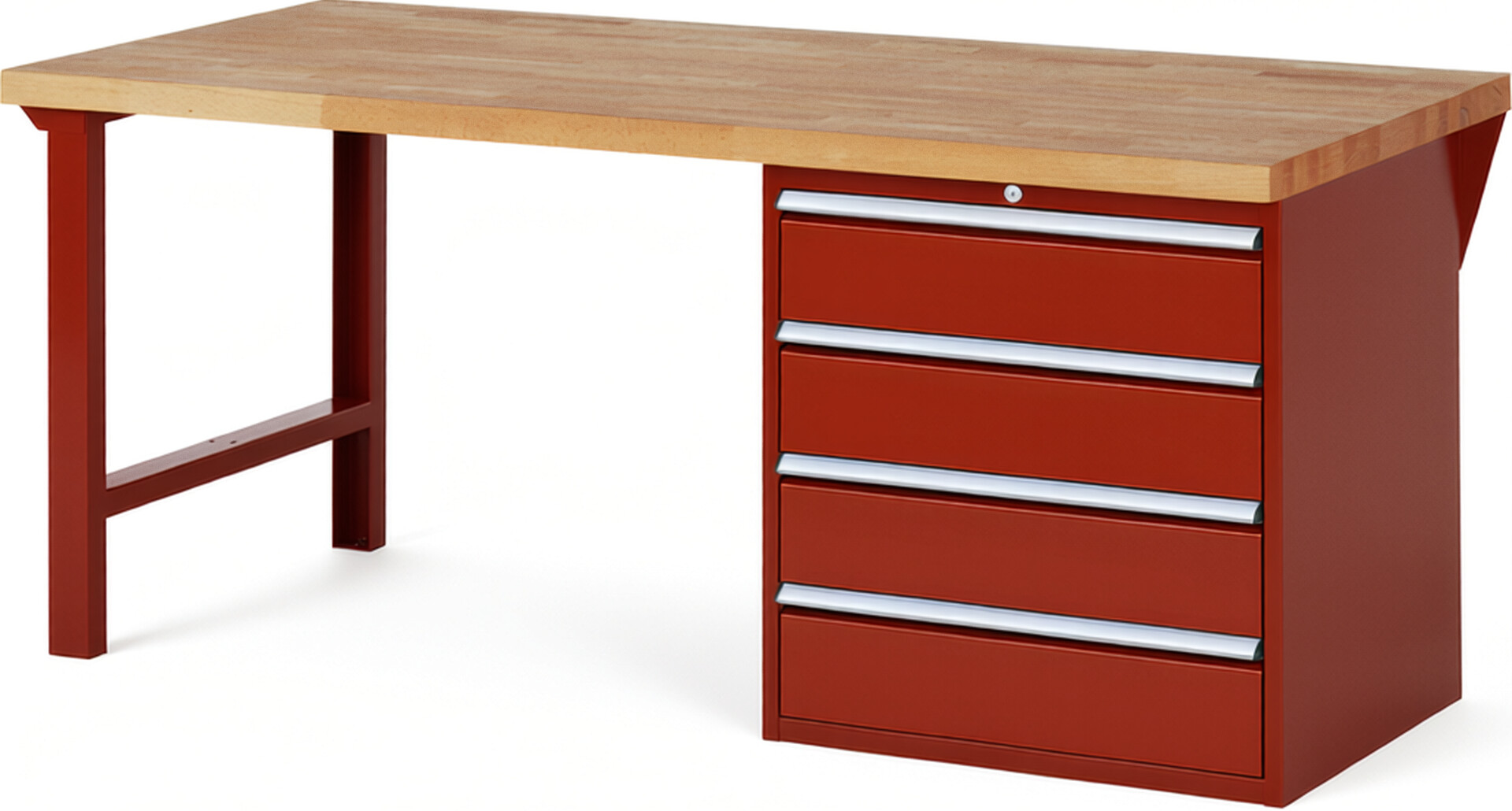 Werkbank Modell 7609 rot, BxTxH 2000x900x890 mm,  Buche-Massiv Arbeitsplatte 40 mm,  4 Schubladen mit  Auszug 90 %