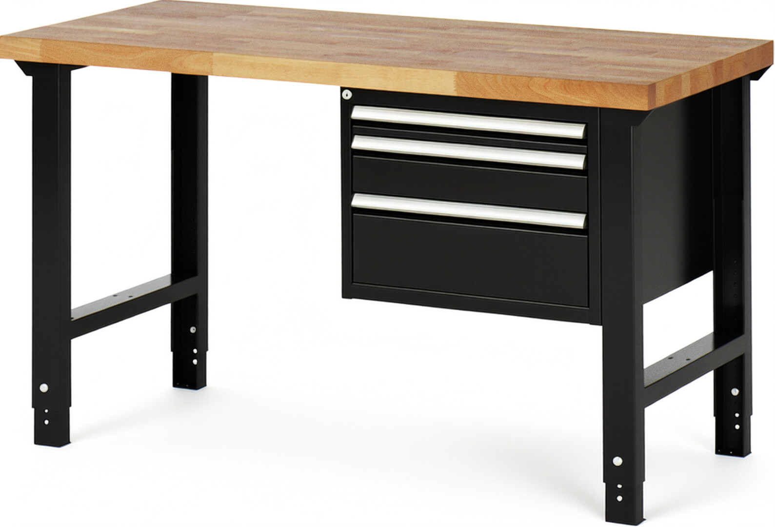 Werkbank Modell 7126 schwarz, BxTxH 1500x700x790-1140 mm,  Buche-Massiv Arbeitsplatte 40 mm,  3 Schubladen mit  Auszug 90 %