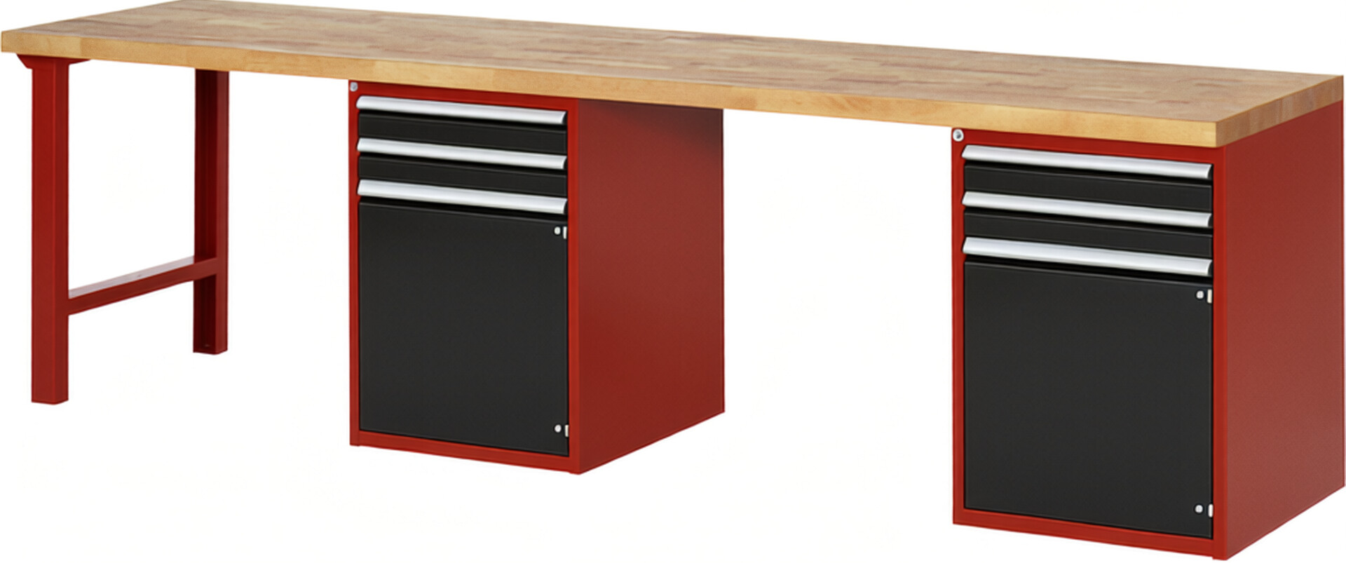 Werkbank Modell 7503 rot - schwarz, BxTxH 3000x700x890 mm,  Buche-Massiv Arbeitsplatte 40 mm,  4 Schubladen mit  Auszug 90 %
