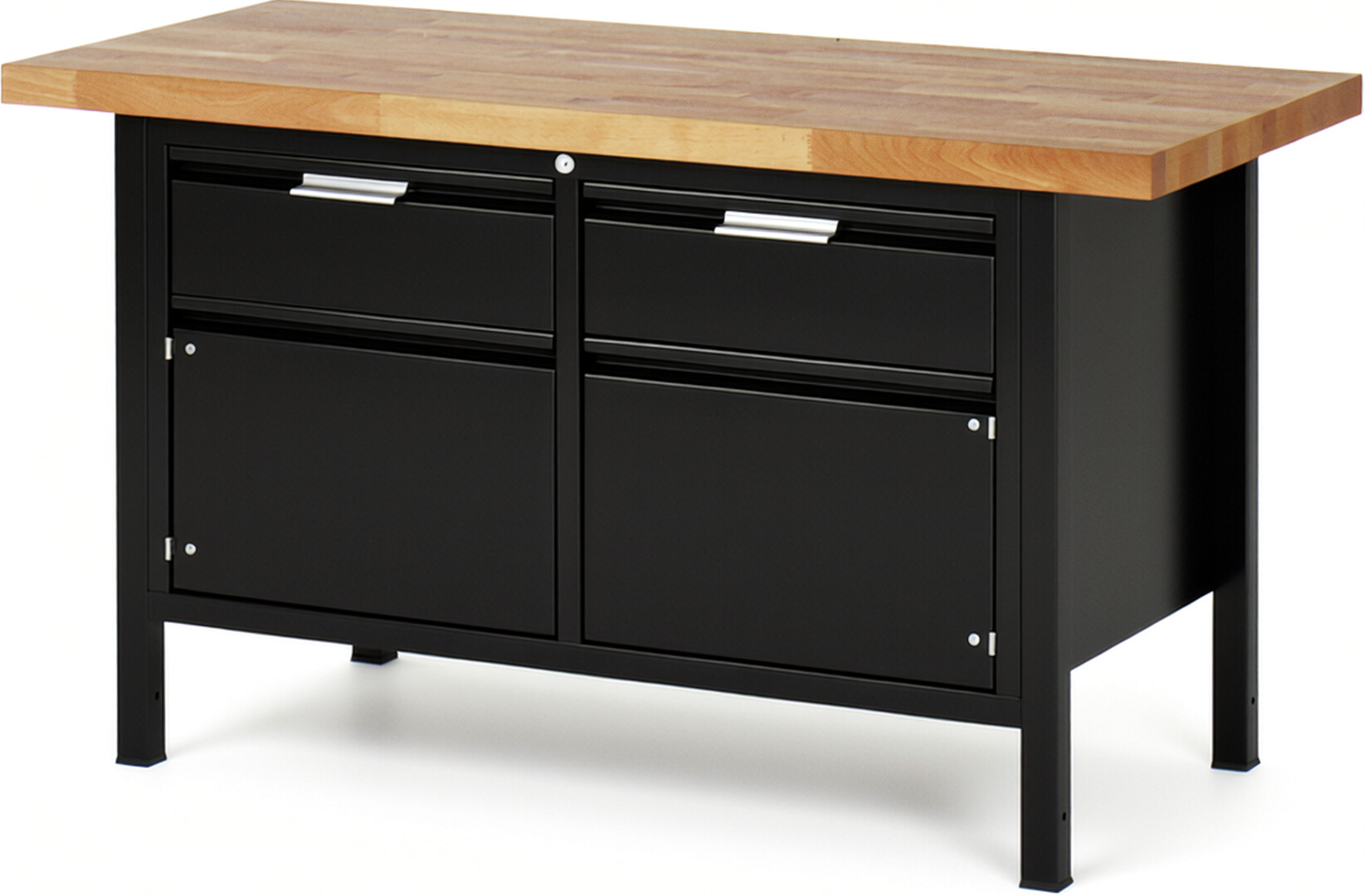 Werkbank schwarz, BxTxH 1500x700x840 mm, Platte Buche 40 mm mit Deckfunier, 2 Schubladen 180 mm, 2 Türen 360 mm, RAL 9011/9011