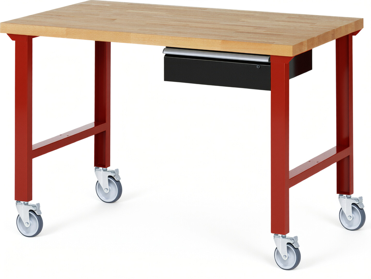 Fahrbare Werkbank Modell 7001 rot - schwarz, BxTxH 1500x900x1000 mm,  Buche-Massiv Arbeitsplatte 40 mm,  1 Schublade mit  Auszug 90 %