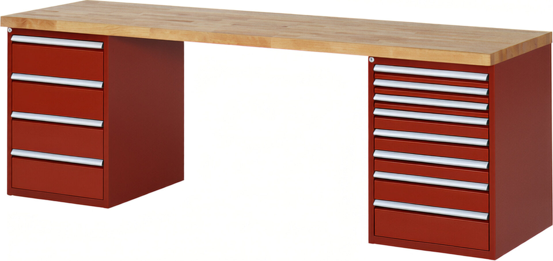 Werkbank Modell 7822 rot, BxTxH 2500x700x840 mm,  Buche-Massiv Arbeitsplatte 40 mm,  12 Schubladen mit  Auszug 90 %