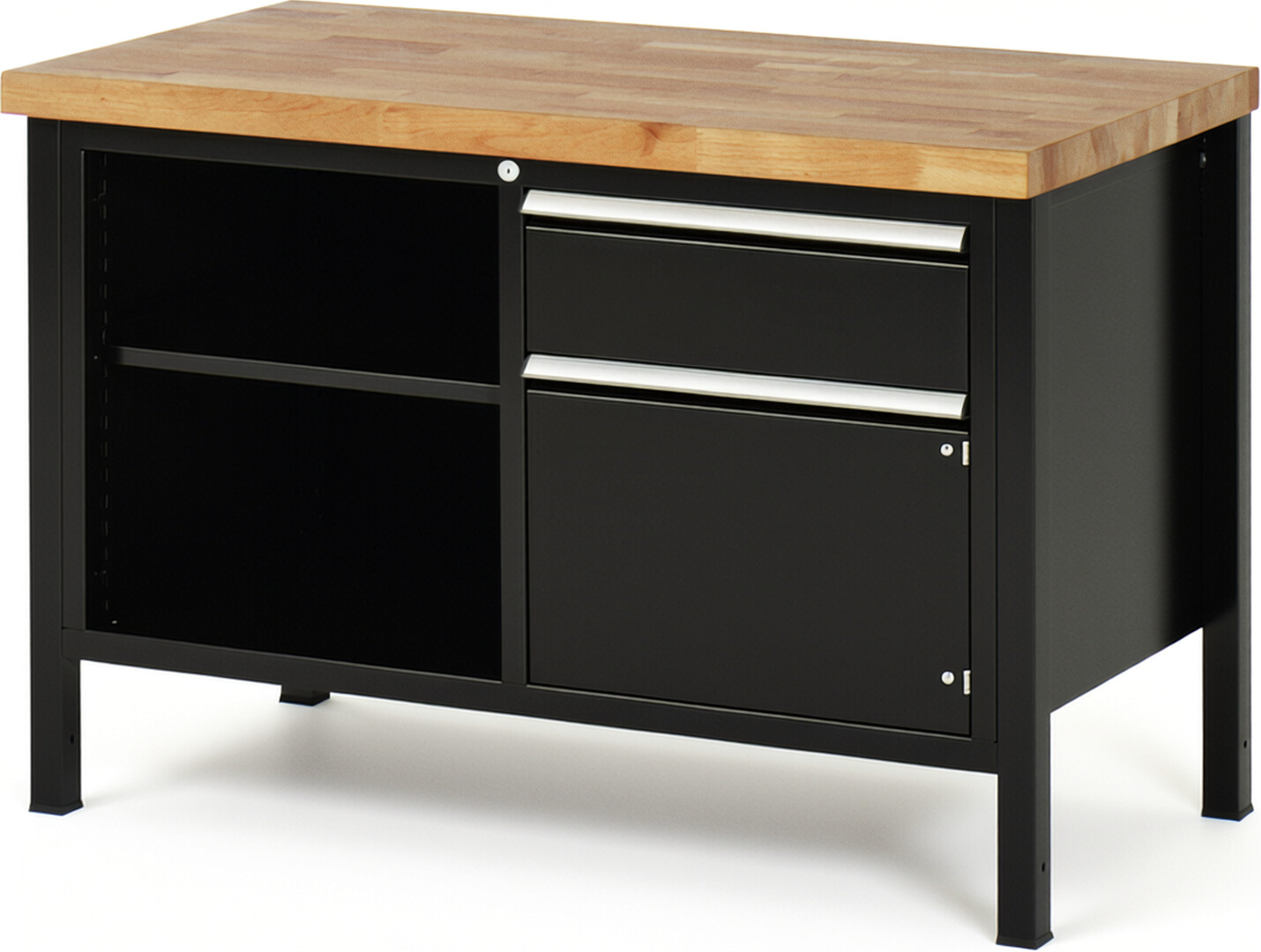 Werkbank Modell 8461 schwarz, BxTxH 1250x700x840 mm,  Buche-Massiv Arbeitsplatte 40 mm,  1 Schublade mit  Vollauszug 100 % und  SoftClosing