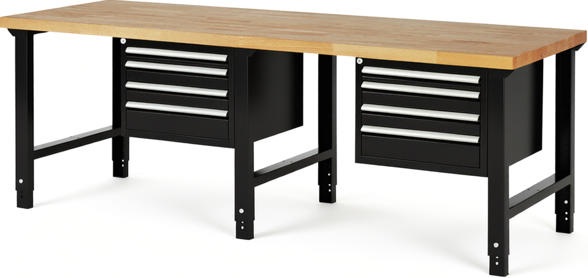 Werkbank Modell 7132 schwarz, BxTxH 2500x900x790-1140 mm,  Buche-Massiv Arbeitsplatte 40 mm,  8 Schubladen mit  Auszug 90 %